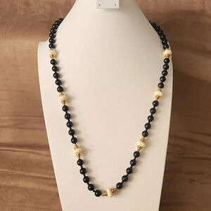 Vintage Mid Century Knotted White Bead, Onyx and Gold Strand Necklace